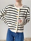 Anokhinaliza - Striped Panelled Soft Elegant Cardigan Sweater Women's Vintage Cropped Sweet Girlish Popular Temper Y2k Clothes 5R315