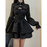 Anokhinaliza Black Sexy Lolita Dress Women Gothic Vintage Harajuku Halloween Cosplay Costumes Long Sleeve Fairy Dress Women's Two Piece Set