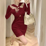 Anokhinaliza 2024 Women Autumn Elegant Office Lady Bodycon Hollow Out Mini Dress French Vintage Y2k Dress Korean Retro Fashion Clothing