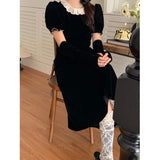 Anokhinaliza Korean Retro Velvet Elegant Puff Sleeve Dress Women 2024 Spring New O-neck Contrast Color Patchwork A-line Dress with Sleeves