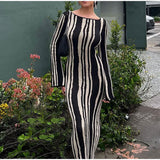 Anokhinaliza O-neck Long Spring Female Dresses Wave Party Evening Robe Leopard Print Slim Dress Women Striped Stretch High Waist Long Sleeve