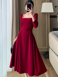 Anokhinaliza Women Casual Folds Midi Dress French Elegant Long Sleeve A Line Party Dresses Spring Autumn Vintage Solid Clothes Female