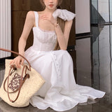 Anokhinaliza Korean Lace Splicing Pleated Elegant Sling Dress Women 2024 Summer New Off-shoulder Sexy Single-breasted Mid-length Dress