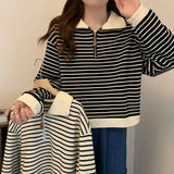 Anokhinaliza Autumn Stripe Zipper Pullover Women Fashion Loose Simple Soft Turndown Collar Long Sleeve Top Korean Preppy All Match Sweatshirt