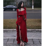 Anokhinaliza Women Elegant Long Sleeve Midi Dresses Female Red Square Collar Sexy Ruffle Party Dress Christmas Irregular Prom Dress