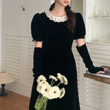 Anokhinaliza Korean Retro Velvet Elegant Puff Sleeve Dress Women 2024 Spring New O-neck Contrast Color Patchwork A-line Dress with Sleeves