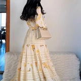 Anokhinaliza New Style Platycodon Grandiflorum French Tea Break Long Skirt Quality Yellow Printed Sleeve Dress for Women