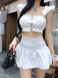 Anokhinaliza Summer New Korean Hollow Single-breasted Ruffled Sexy Camisole Women + High Waist Casual A-line Skirt Two-piece Suit