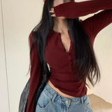 Anokhinaliza Korean Solid Color All Match Long-sleeved T-shirt Women Autumn New Streetwear O-neck Multi-button Sexy Slim Tops