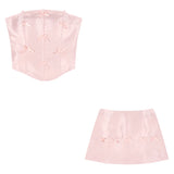 Anokhinaliza Summer New Korean Off-shoulder Bow Spliced Sexy Slim Pink Camisole Women + High Waist Casual Mini Skirt Two-piece Suit