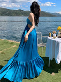 Anokhinaliza Summer Sexy Backless Beach Long Dresses Women's Fashion Blue Halter A-line Party Sundress Elegant Pleated Runway Robe Mujers