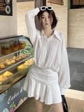 Anokhinaliza Women Casual White Shirt Mini Dress Korean Fashion Preppy Style Y2K Ruffles Dresses Spring Summer Office Lady Elegant Clothes