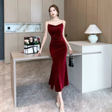 Anokhinaliza Sexy Vintage Split Velvet Spaghetti Strap Midi Dresses for Women Autumn Winter French Elegant Wedding Party Female Clothing