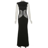 Anokhinaliza Black Mesh Patchwork Maxi Dress for Women Elegant Sleeveless Slim Evening Party Dresses Summer Sexy Sheer Holiday Outfits