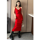 Anokhinaliza Red Knit Strap Dress Women Clothing Vestidos Summer French Style Wood Ear Edge Wrapped Hip Skirt Cake Maxi Dresses