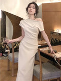 Anokhinaliza France Elegant Solid Party Prom Midi Dresses Fashion Off Shoulder Backless Graduation Clothing Women Summer Vestidos 2024