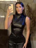 Anokhinaliza New  Fashion PU Leather Tank Top T-shirts Women 2024 Elegant Stand Collar Sleeveless Folds Irregular Tee Shirt Zip-up Tops Black