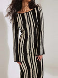 Anokhinaliza O-neck Long Spring Female Dresses Wave Party Evening Robe Leopard Print Slim Dress Women Striped Stretch High Waist Long Sleeve