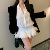 Anokhinaliza Polo Collar Single-breasted Sexy Slim Long-sleeved Dress Women 2024 Spring New Korean Ruffles Solid Color Casual Mini Dress