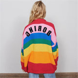 Anokhinaliza Autumn Spring Harajuku Knit Cardigan Women Striped Rainbow Sweater Coat Female Loose Sweaters Letter Embroidery Jumper Cardigans