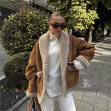 Anokhinaliza Autumn and Winter Warm Cotton Jacket Coat 2024 Loose Brown Faux Fur Suede Jacket Casual Oversize Coats Jacket Women