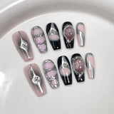 Anokhinaliza 10Pcs Cat's Eye Gradient Pink Handmade False Nails Sapphire 3D Metal Design Long Coffin Fake Nails Artificial Wearable Maillard