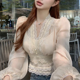 Anokhinaliza Autumn New V-neck Hollow Lace Splicing Solid Color Casual Long-sleeved Shirt Women + Sexy Slim Camisole Two-piece Suit