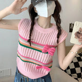 Anokhinaliza Y2K Kwaii Women Knit Tank Tops Bow Stripe Crew Neck Vests Summer Slim Fit Sleeveless T-Shirts 00s Retro Streetwear