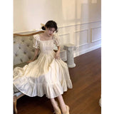 Anokhinaliza Elegant Square Collar White Dress Summer Fashion Puff Sleeve Ruffle Dress for Women 2024 Chic Vintage Maxi Dresses 2024  New