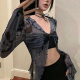 Anokhinaliza Tie-Dye Print Long Sleeve Slim Fit Buckle Front T-shirts Blouses Korean Grunge Sheer Mesh Crop Tops 00s Retro Y2K Streetwear