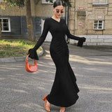 Anokhinaliza Black Long Sleeve Maxi Dress for Women Elegant Fashion Ruched Slim Evening Party Dresses Autumn Winter Sexy Christmas Dress