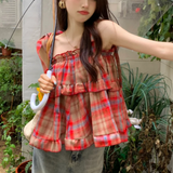 Anokhinaliza Korean Fashion Vintage Sleeveless Tanks Camis for Women Summer Plaid Spliced Sweet Femme Corset Crop Tank Tops Skinny Camisoles