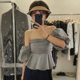 Anokhinaliza Summer Blouse Female French Vintage Temperament Blusa Slash Neck Sexy Off Shoulder Waist Slim Puff Sleeves Short Shirts