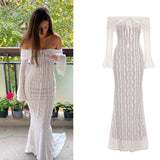 Anokhinaliza Autumn Long Sleeve Off The Shoulder Bodycon Dress New Mermaid Wedding Guest Party Dresses for Women White Dress