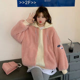 Anokhinaliza Autumn And Winter New Korean Fake Two Pieces Lamb Wool Plus Size Loose Hooded Sweater Female Y2k Retro Fashion Casual Loose Coat