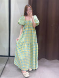 Anokhinaliza Korean style Summer Plaid Print Ruffle Square Neck Checked Dress Short Sleeve Tie Up Strap Gingham Midi Dress Women