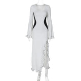 Anokhinaliza Autumn Winter Sexy Maxi Dress Women Fashion Ruffle Slim Party Dresses White Elegant Long Sleeve High Split Evening Dress