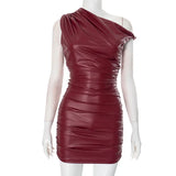 Anokhinaliza Brown Leather Mini Dress Women Fashion One Shoulder Ruched Bodycon Dress Summer Sexy Sleeveless Night Club Party Dress