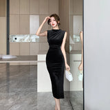 Anokhinaliza Korean Sleeveless Bodycon Velvet Midi Dresses for Women Autumn New Elegant Fashion Party Sexy Slim Pink Prom Female Clothes