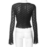 Anokhinaliza Solid Color V-Neck Long Sleeve Lace-Up Slit Crop Top Wood Ear Hem Super Thin T-Shirt Casaul Cardigan Women