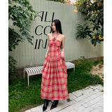 Anokhinaliza Lattice Red Women's Suspender Dress Contrasting Colors Sling Flower Elegant Ball Dress Feminine Temperament Mid Length Skirt ﻿