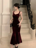 Anokhinaliza Elegant Burgundy Party Prom Dress Spring Summer Solid Sleeveless Velvet Wedding Robe Lady Bodycon Spaghetti Strap Vestido Mujers