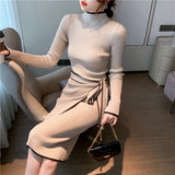 Anokhinaliza Elegant Fashions Knitted Midi Dresses for Women Autumn Winter Slim Lace Up Long Sleeve Bottoming Sweater Female Clothing