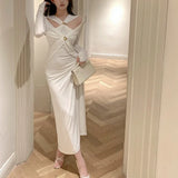 Anokhinaliza Vintage Hollow Strapless Sexy Slim Long-sleeved Dress Women Autumn New Korean Pleated Solid Color Elegant Mid-length Dress