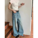 Anokhinaliza American Retro Ripped Distressed Loose Casual Jeans Women 2024 Summer New High Waist All Match Washed Denim Wide Leg Pants