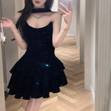 Anokhinaliza Off-shoulder Sexy Slim Sequins Velvet Black Party Dress Women Autumn New Korean Solid Color All Match Halter Mini Dress