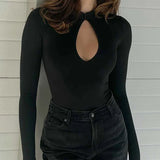 Anokhinaliza Autumn Women Bodysuits New Black Sexy Hollow Out Streetwear Fashion Long Sleeve Bodysuits Female Bodycon Versatile Knit Clothing