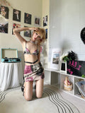 Anokhinaliza Woman Aesthetics Bra Gyaru Outfits Ins Bustier Sexy 2 Piece Skirt Sweet Set Mini Y2k Skirt A-line Elegant Set Lace Up Knit Print