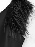 Anokhinaliza One Shoulder Feather Dress Black Sexy Fur Collar Party Socialite Evening Robes Women Slimming Wrap Hip Fishtail Long Dresses