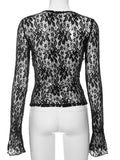 Anokhinaliza Woman Clothing 2024 Spring O-neck Long Sleeve Lace T-shirts Sexy Hollow Out See Through Slim Black Tees Night Club Crop Tops